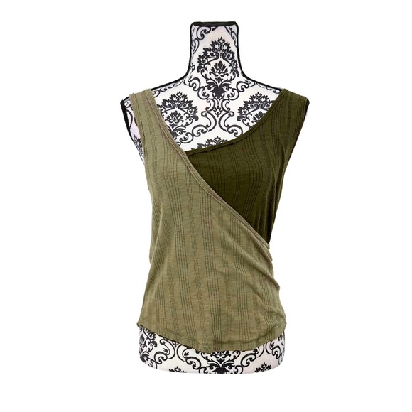 Pilcro Dual Tone Asymmetrical Tank Top Olive Green Ribbed Sustainable Cotton, S - Picture 4 of 12